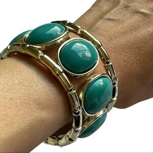 Chunky Stretch Bracelet with Oval Turquoise and Gold Pieces Elastic Statement